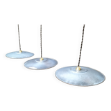 3 blue enameled sheet metal pendant lights