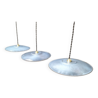3 blue enameled sheet metal pendant lights
