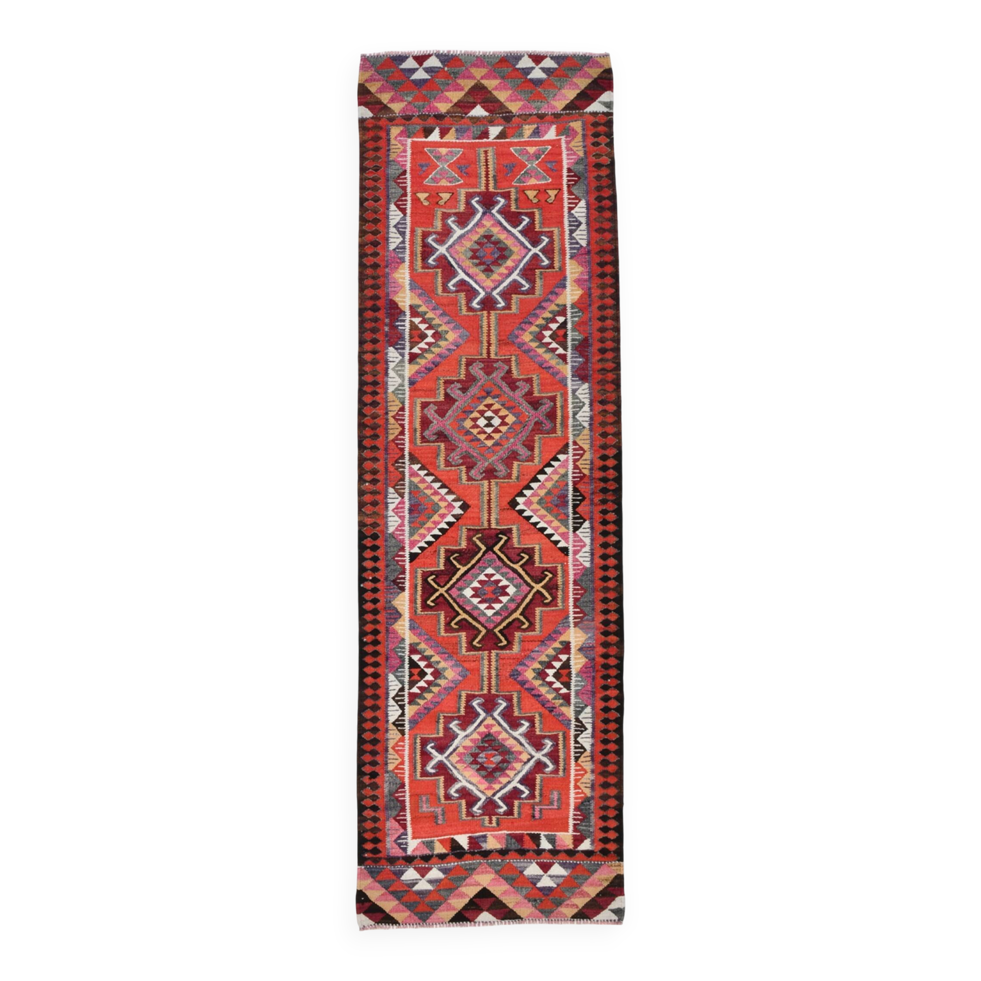 Tapis coureur vintage bordeaux Kilim 3x10 95x302 cm