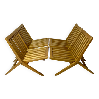 Chaises ciseaux en bois massif design vintage années 1970