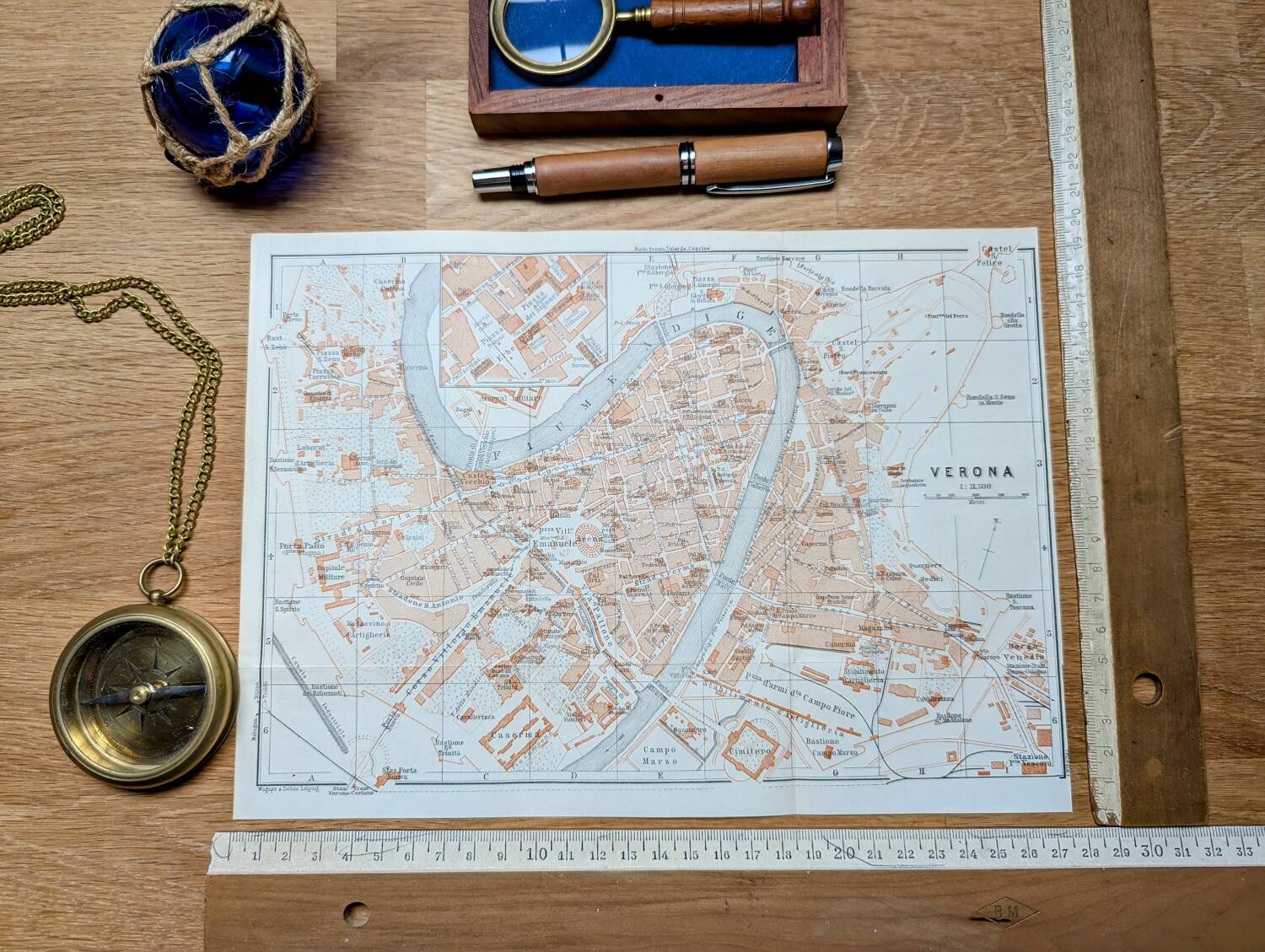 Printed in 1909, map of Verona (Verona), Veneto, Italy.