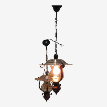 Pair of copper lantern, wrought iron pendant lamps