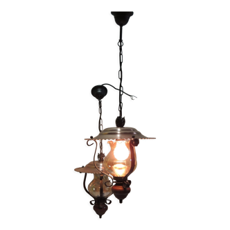 Pair of copper lantern, wrought iron pendant lamps