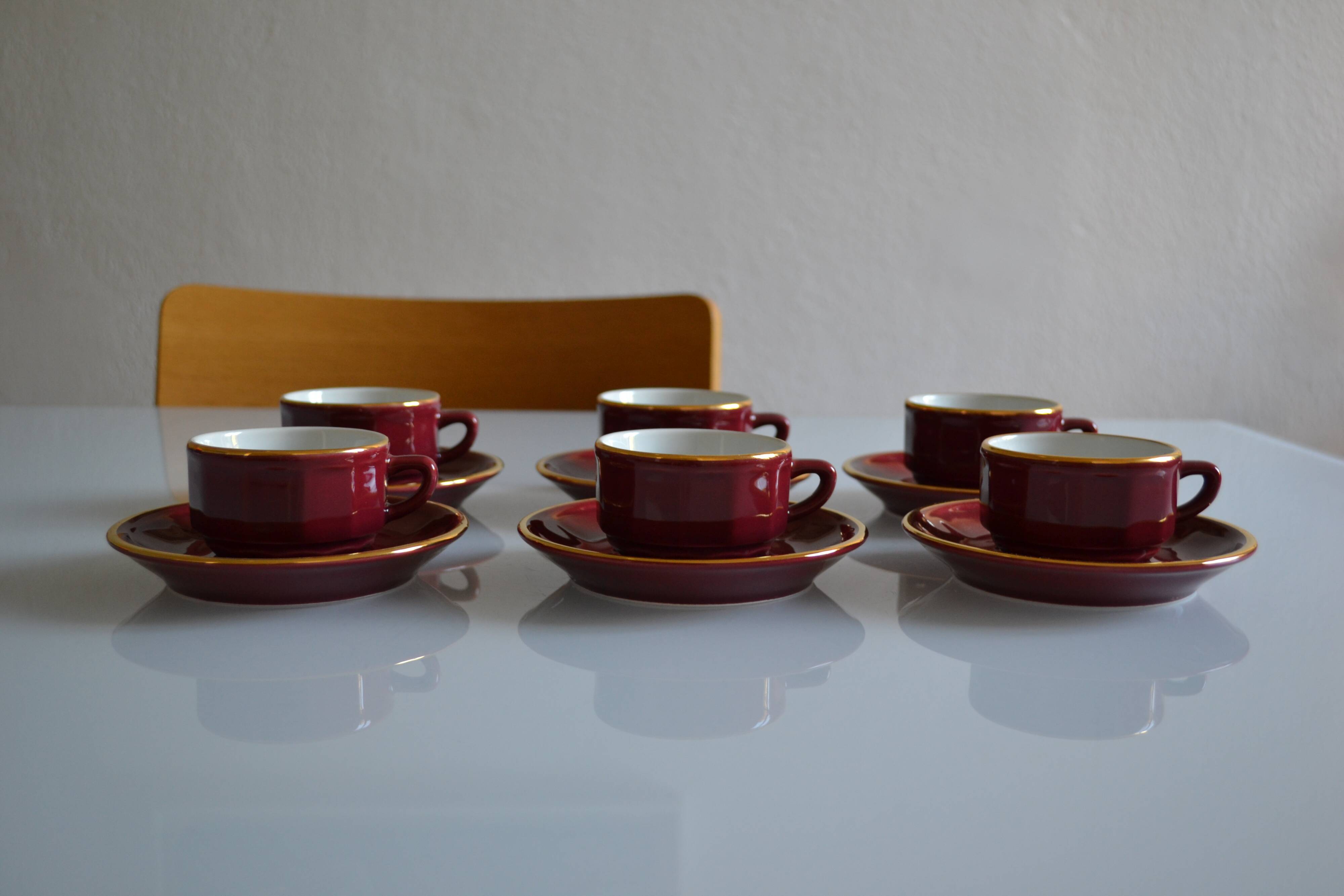 Set of 6 Apilco cups ** Rare colour Bordeaux or Burgundy **