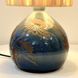Lampe signé en grés bleu vintage chardons 1970 abat-jour corde raphia années 70 bohème