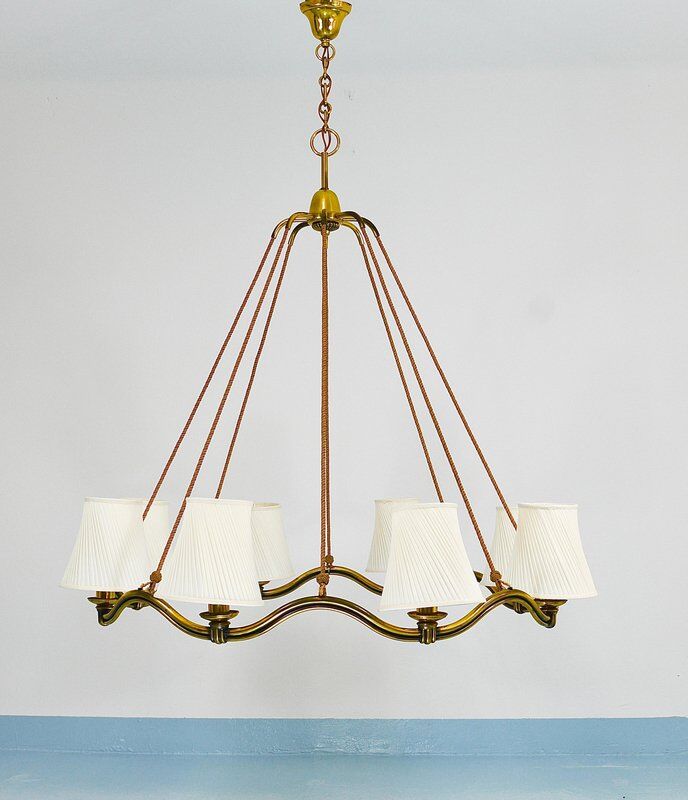 Large Viennese Modernism curved brass wave chandelier by Hugo Gorge, 1940s