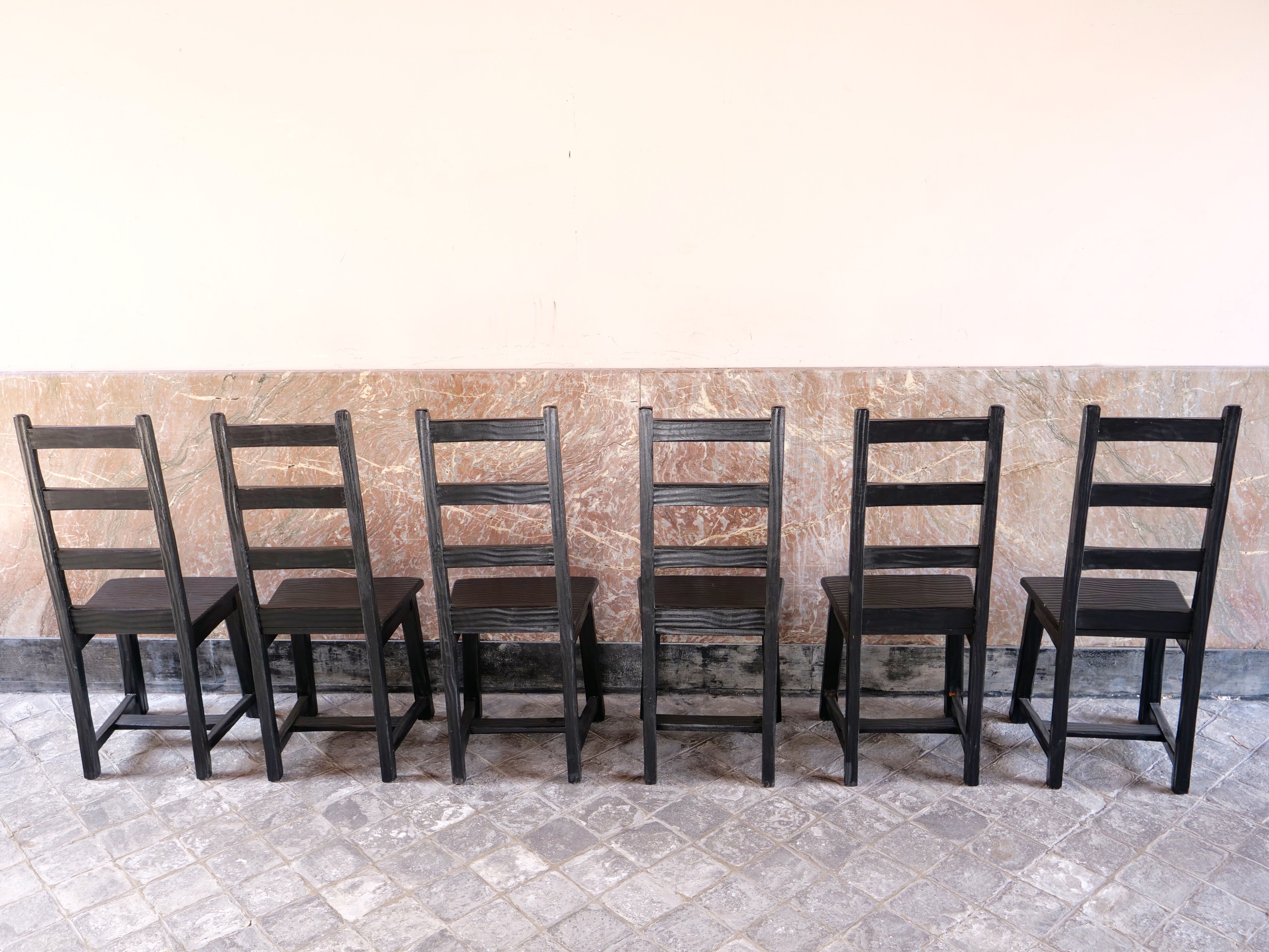 Set of 6 black brutalist chairs in solid oak