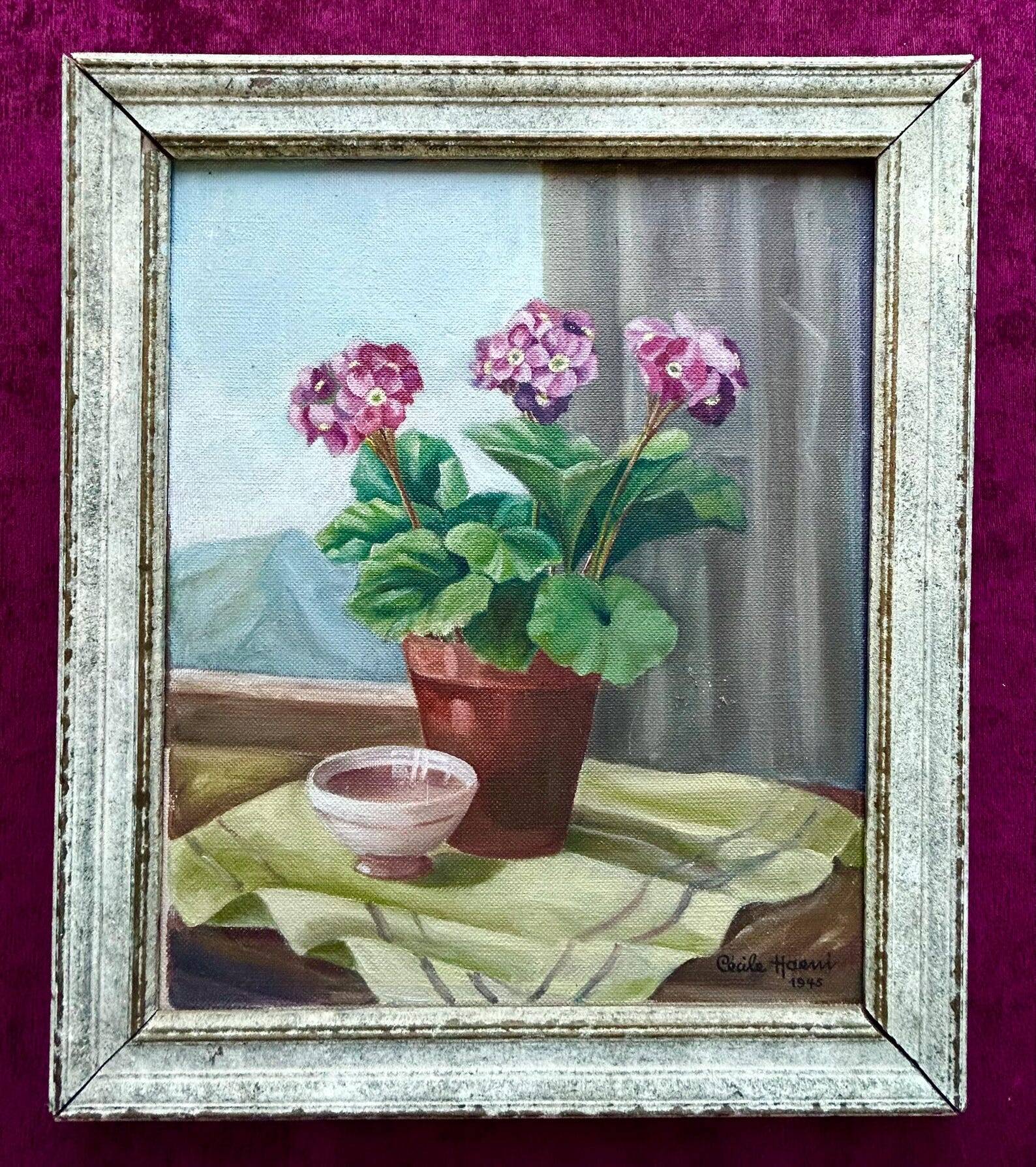 1940s French Cecile Haeni Hydrangea Still Life – Signed Vintage Oil on Pane