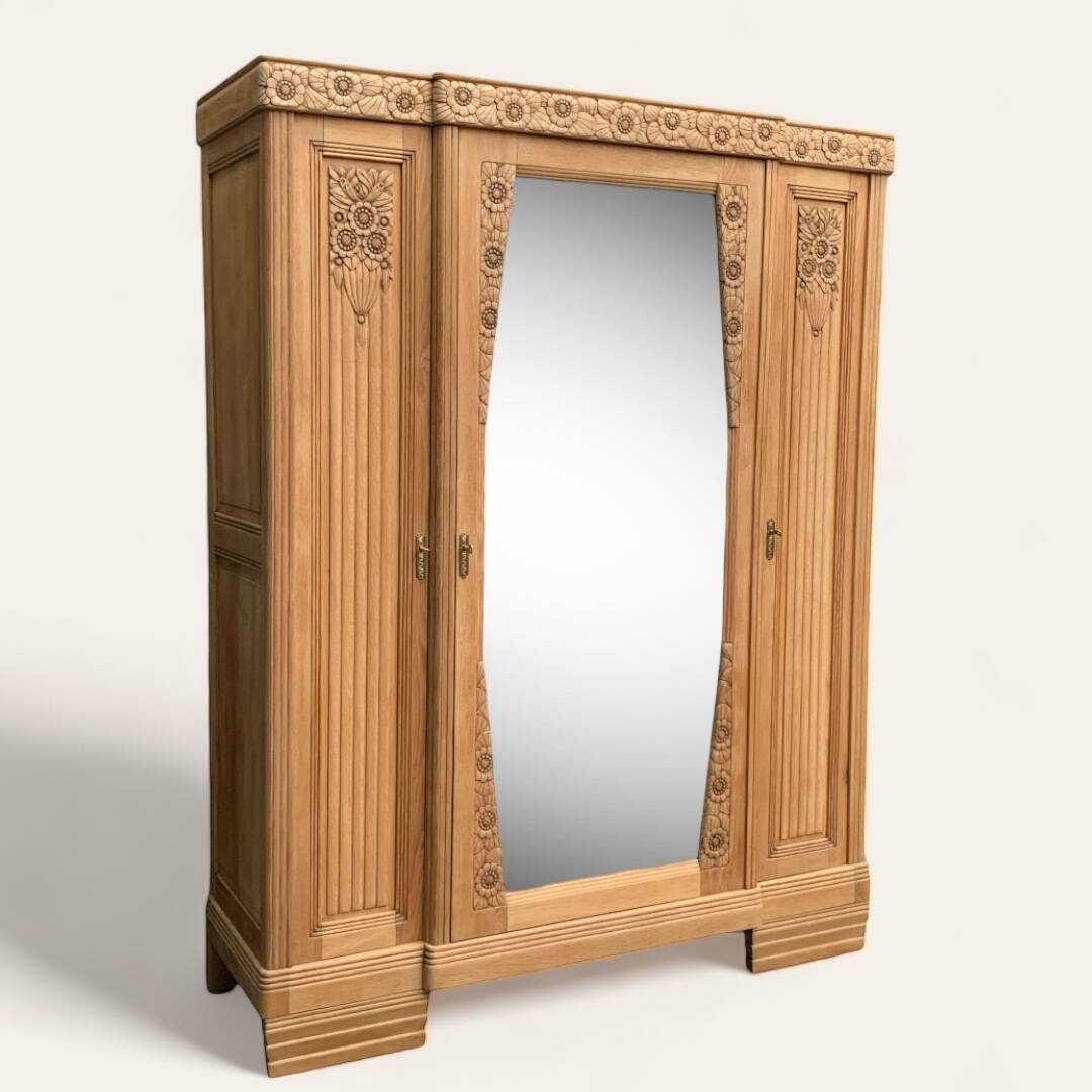 Parisian Art Deco style wardrobe in solid raw oak, 1950