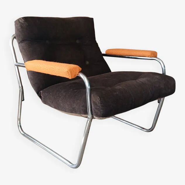 Fauteuil lounge style G.Lundgren pour Ikea, velours & tubes chromés 1970