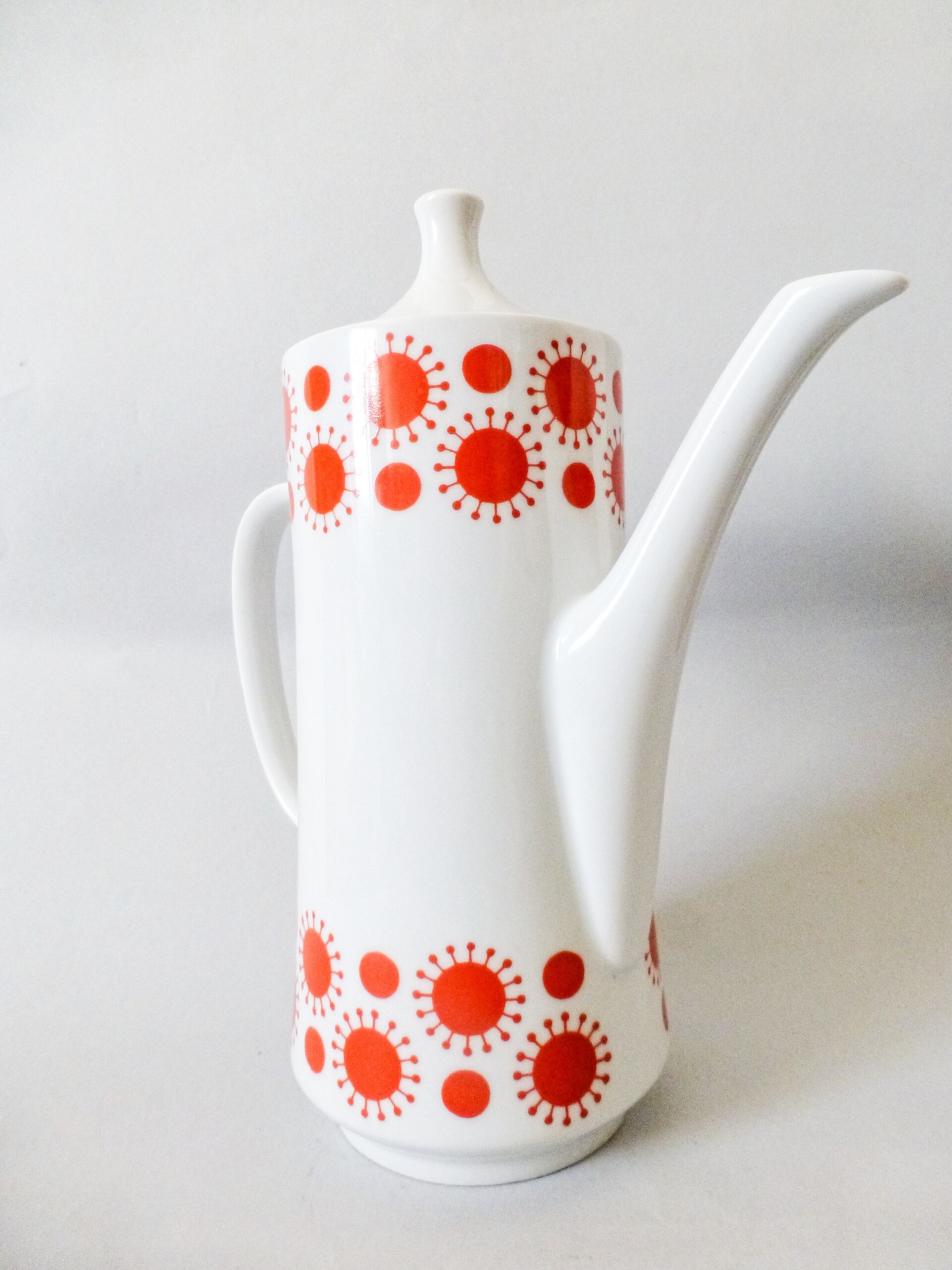 Vintage  Porcelain Coffee Pot: 1970s Red Sunny Pattern