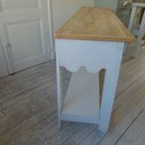 Console with pearl grey patinated base, oak top.