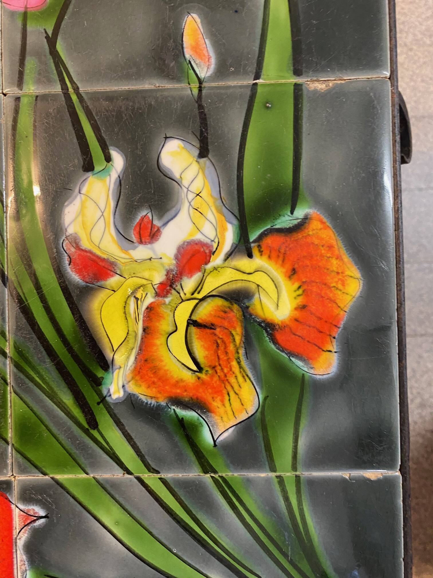 Vallauris coffee table signed rheaul faience tiles, flowers and wrought iron