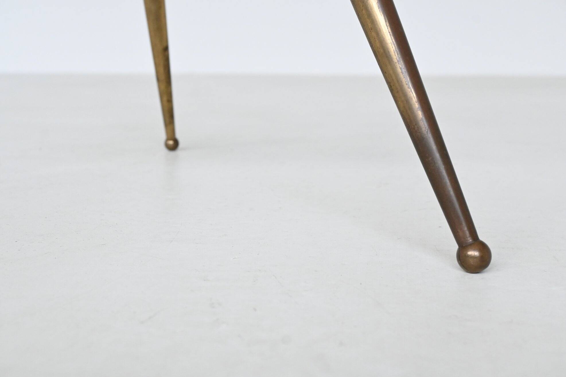 Italian tripod triangle coffee table brass and glass Italy 1950