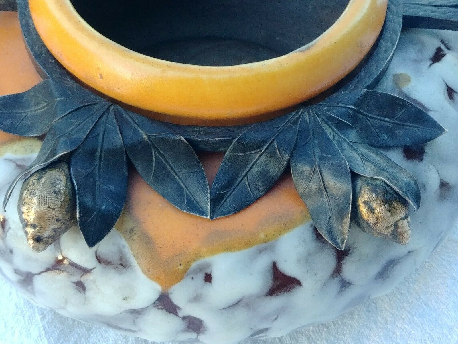 Art Deco ceramic vase wrought iron frame with lemon tree decoration L Date