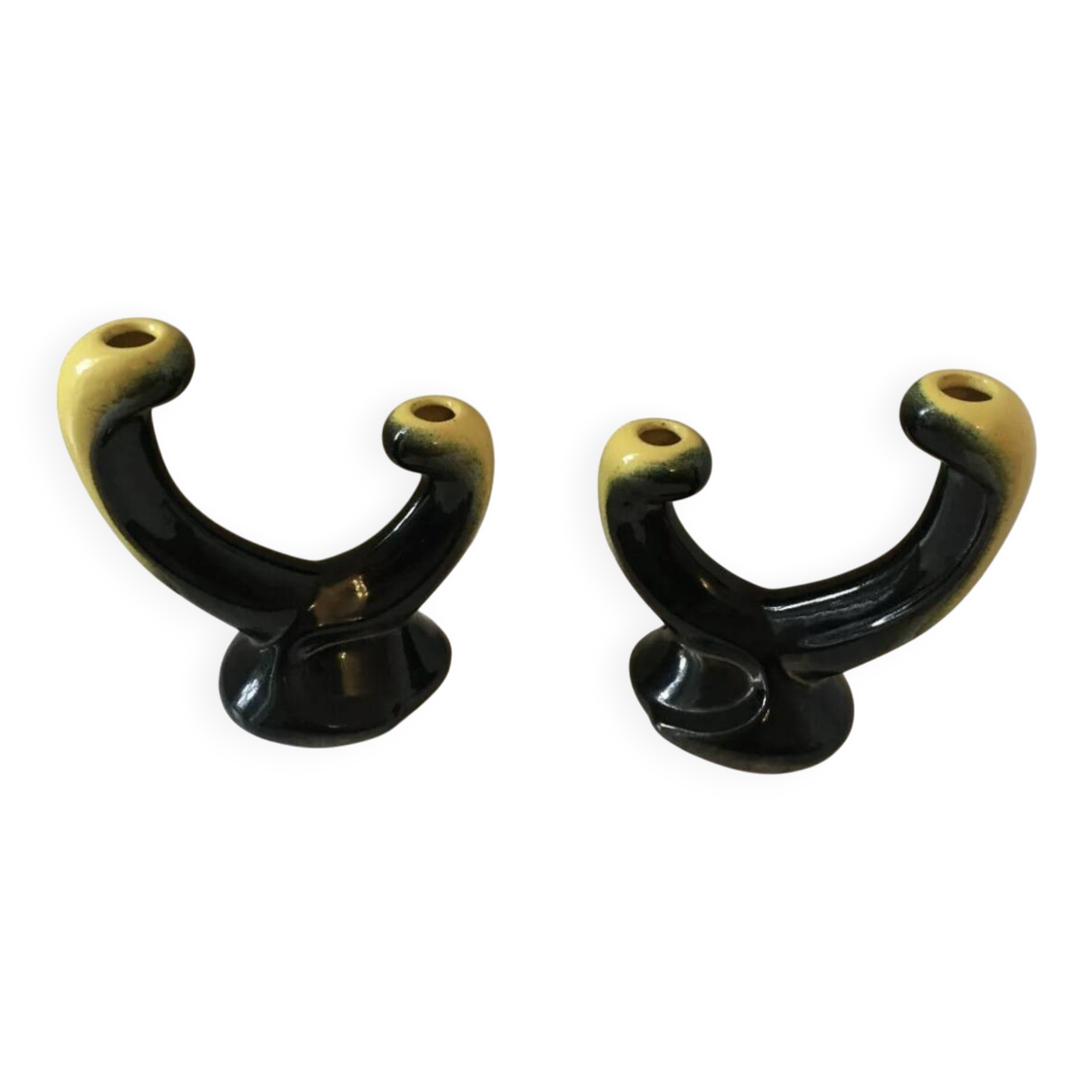 Pair of 1950s candlesticks in yellow and black ceramic in the Vallaur style