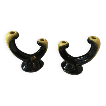 Pair of 1950s candlesticks in yellow and black ceramic in the Vallaur style