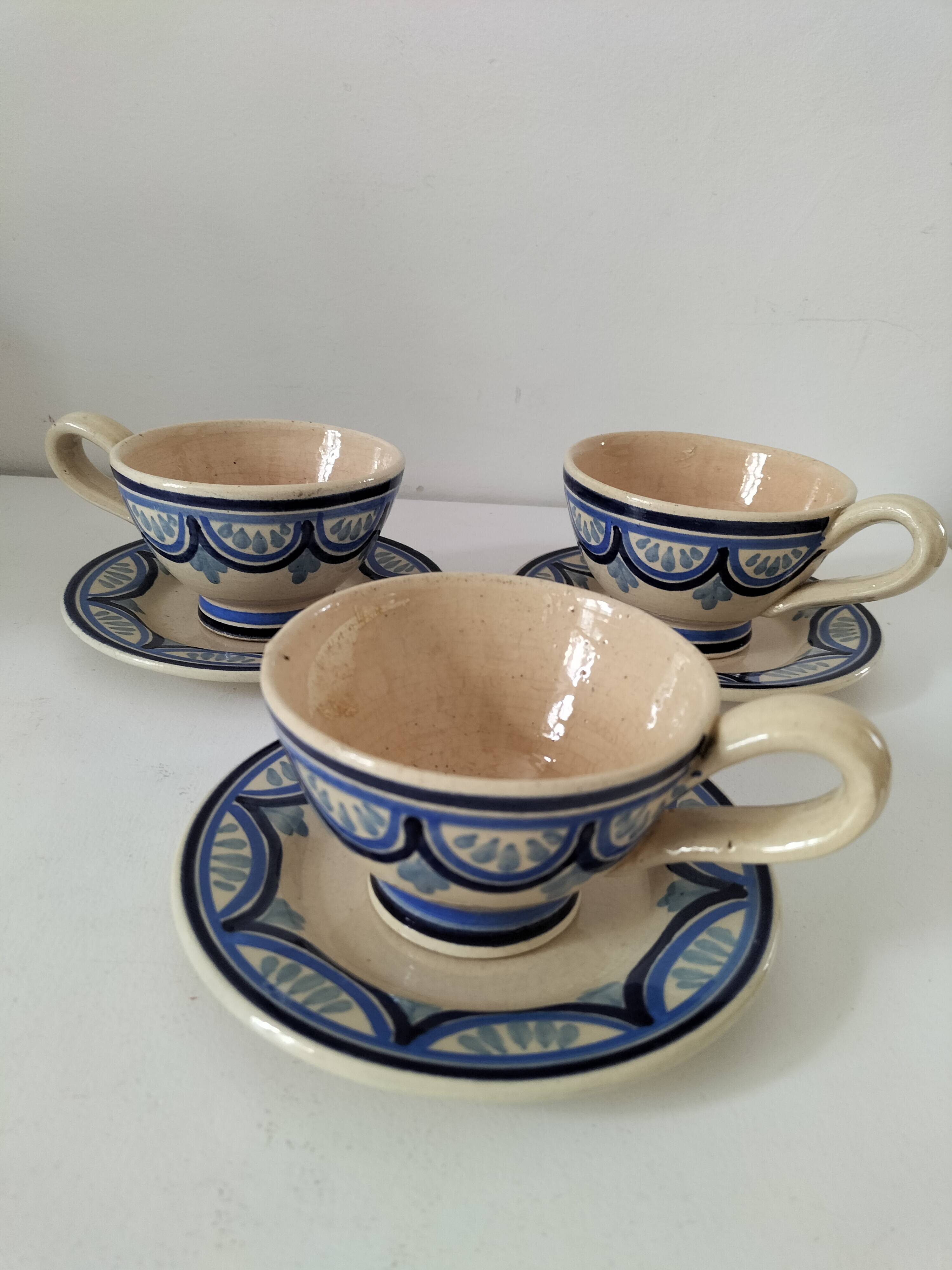 Trio of Ti-Bihan St Malo cups and saucers by Yvon Roy