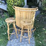Rattan and bamboo bar & his 2 stools vintage 1950