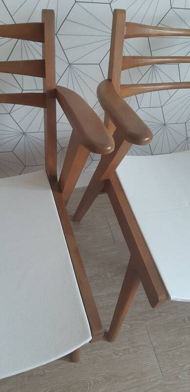 Pair of 1950s compass leg armchairs.