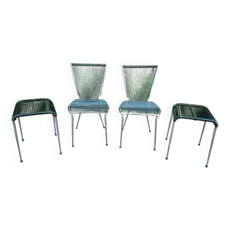 Pair of vintage Scoubidou chairs and stools