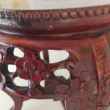 Carved wooden side table, red marble top embedded
