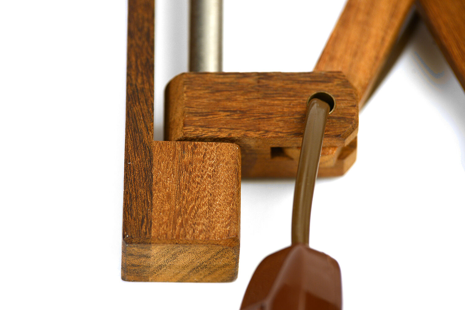Solid teak wall lamp/Scissor lamp with brass coloured aluminium shade.