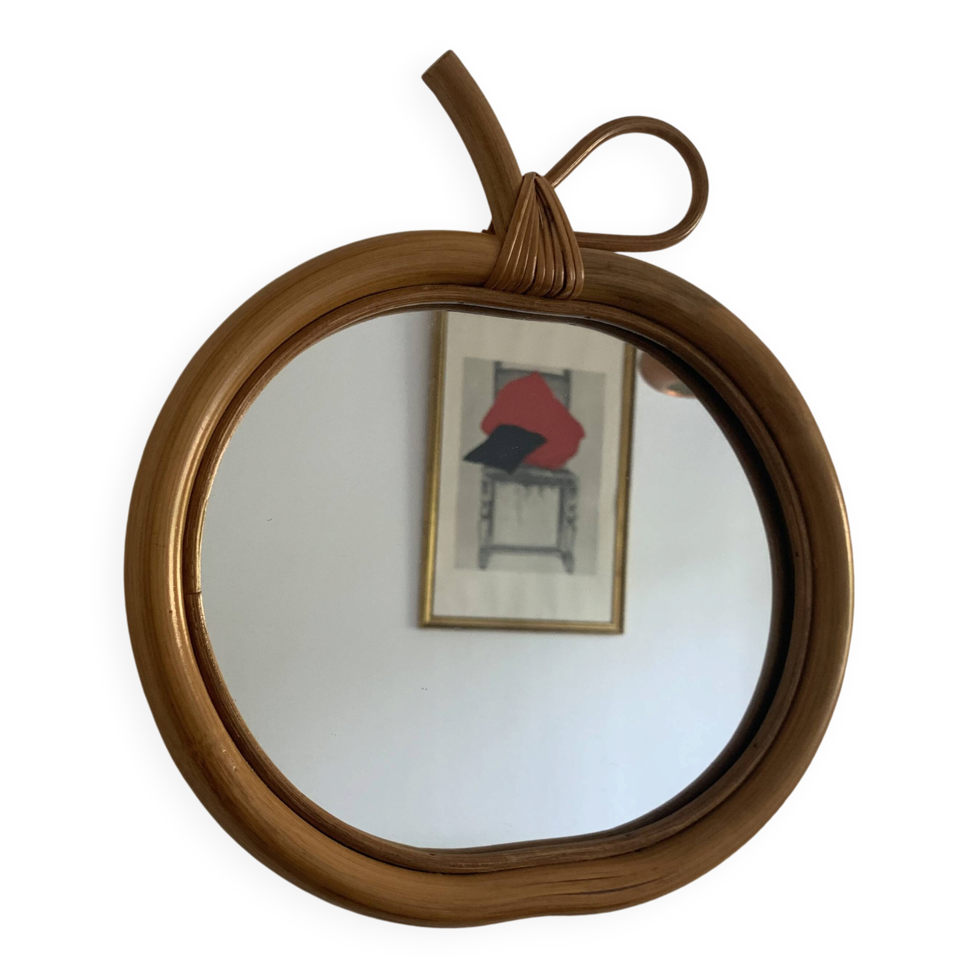 Vintage mirror 1960 apple rattan wicker bamboo - 32 x 35 cm