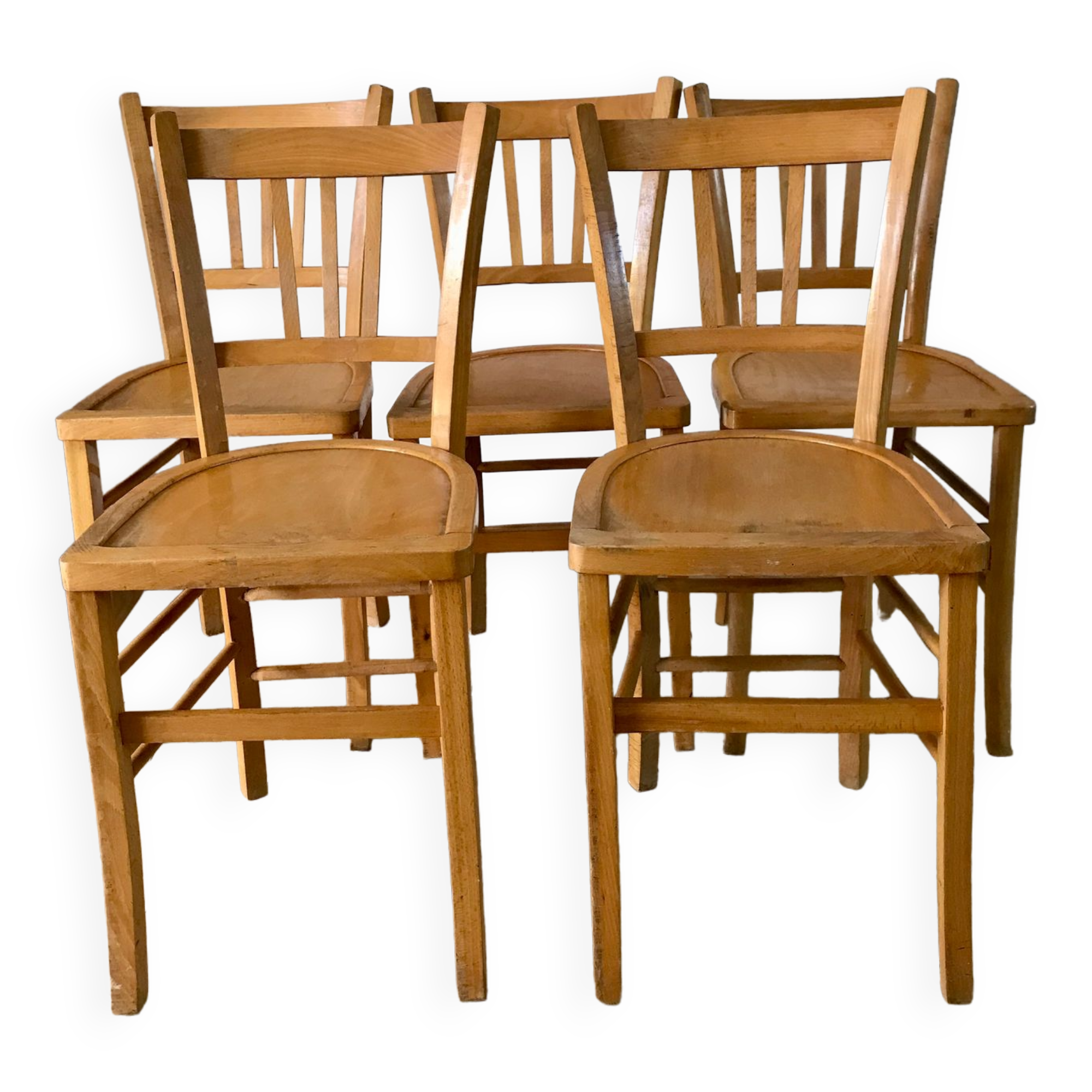 Set of 5 Luterma light blond wood bistro chairs from the 50s