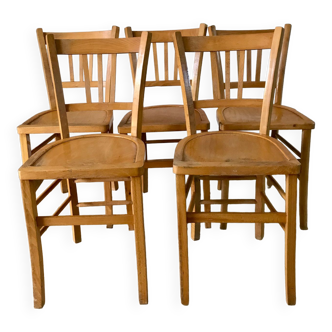 Set of 5 bistro chairs in light blond wood luterma 50s