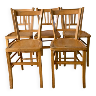 Ensemble de 5 chaises bistrot en bois blond clair luterma années 50