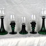 Set of 5 green römer glasses engraved with vine pattern - Bavarian crystal - 70s / 80s