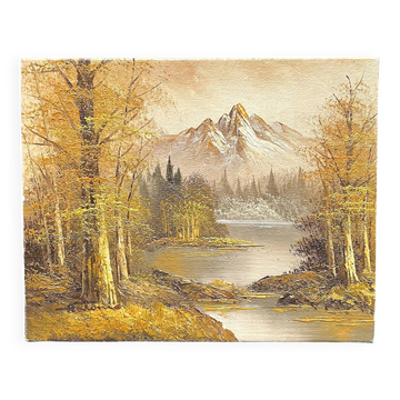huile sur toile , rivière forêt montagne