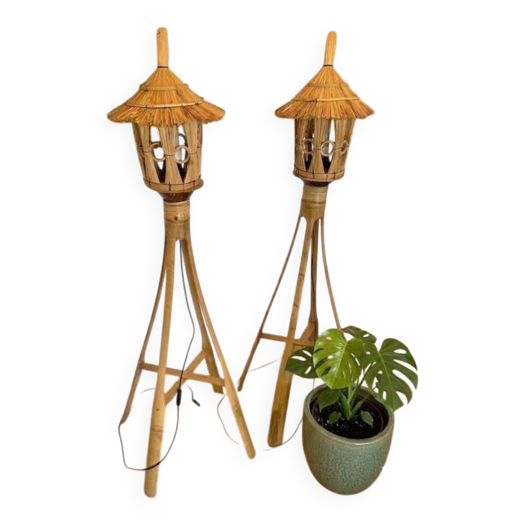 Pair of Tiki Style Lantern Floor Lamps in Bamboo & Rattan – Vintage