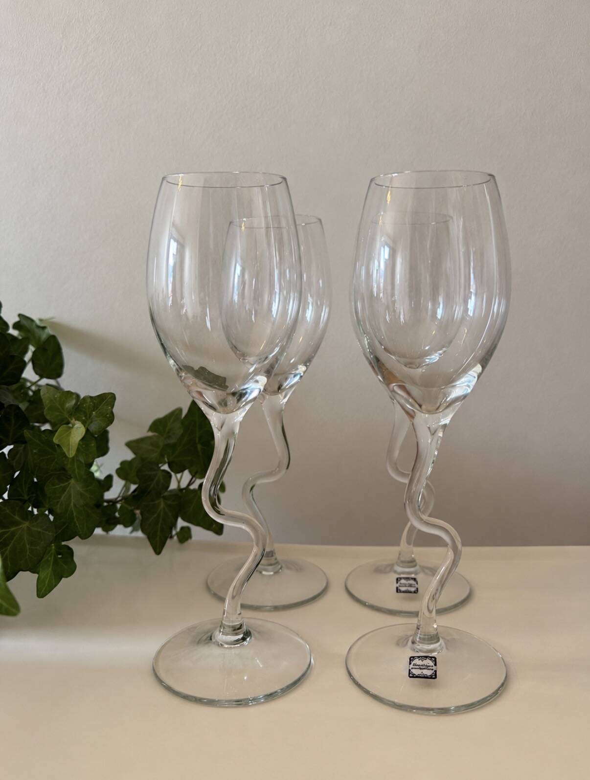 1980s Crystal Wine Glasses Wavy/Zigzag Stem
