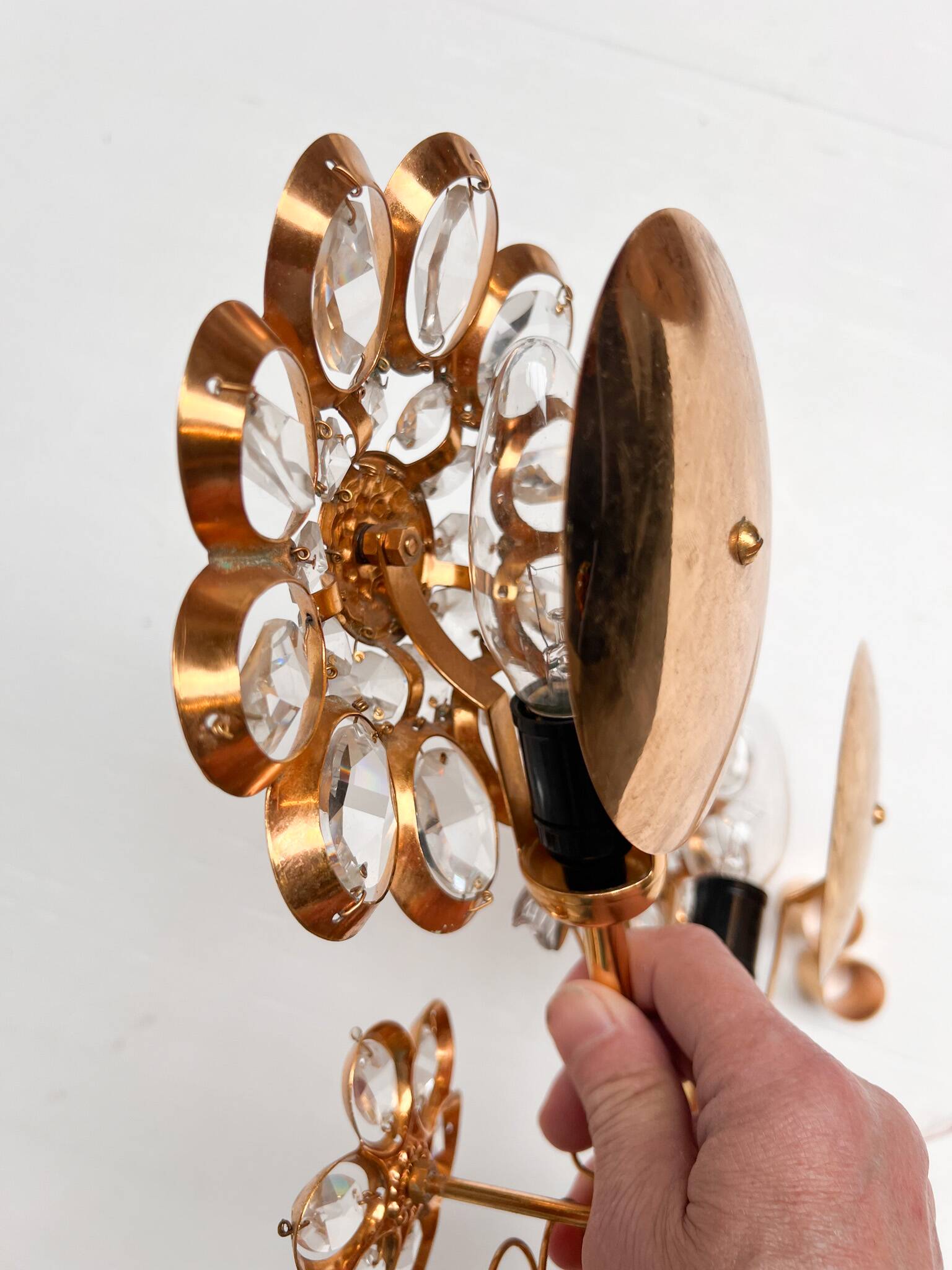 Brass and crystal art deco wall lamp attributed to palwa, 1960s
