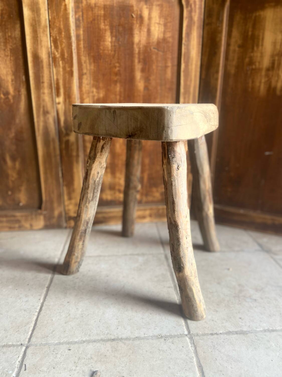 Antique brutalist stool in solid oak