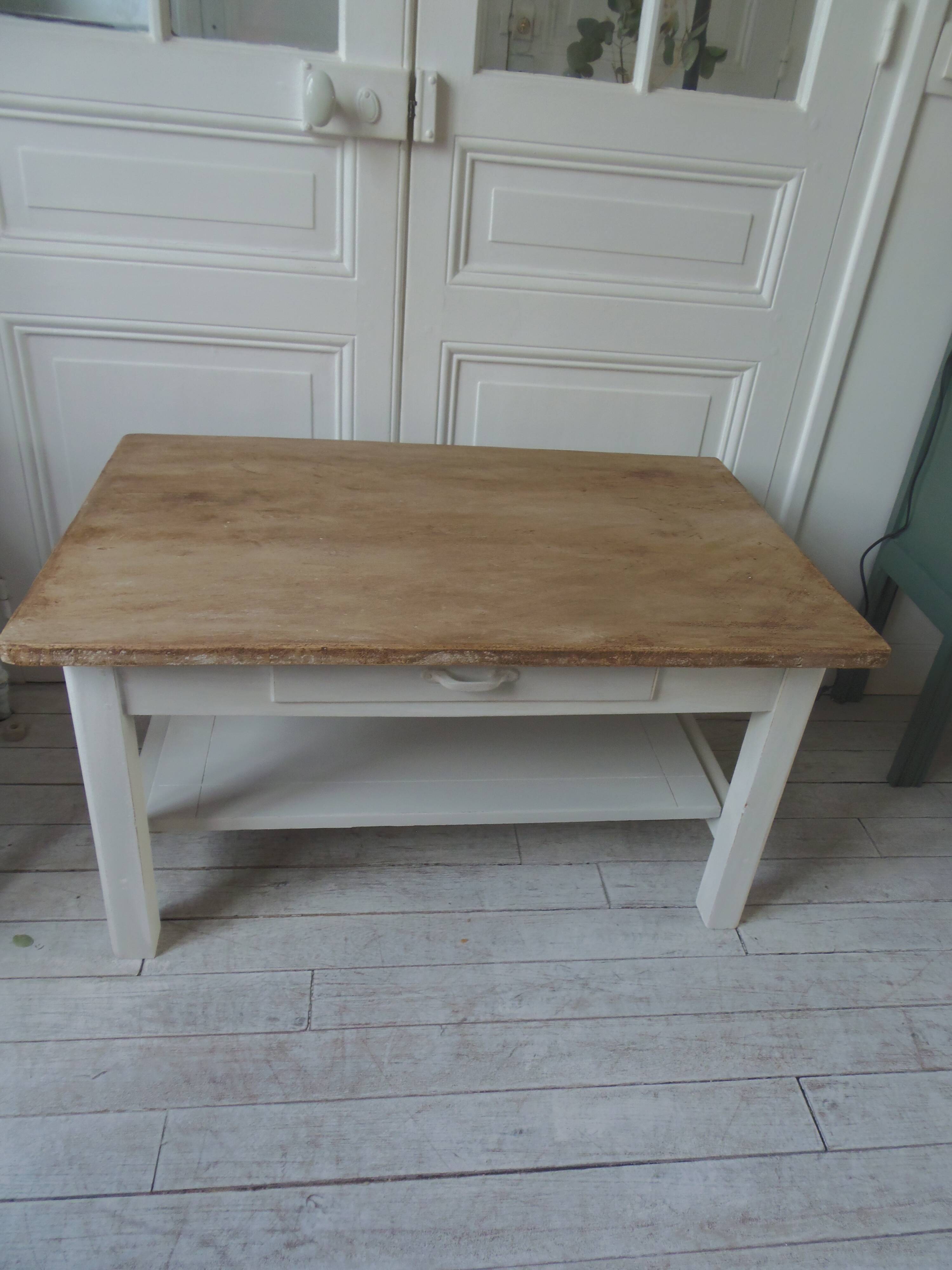 Coffee table made from a vintage table, pearl gray patina, wooden top.