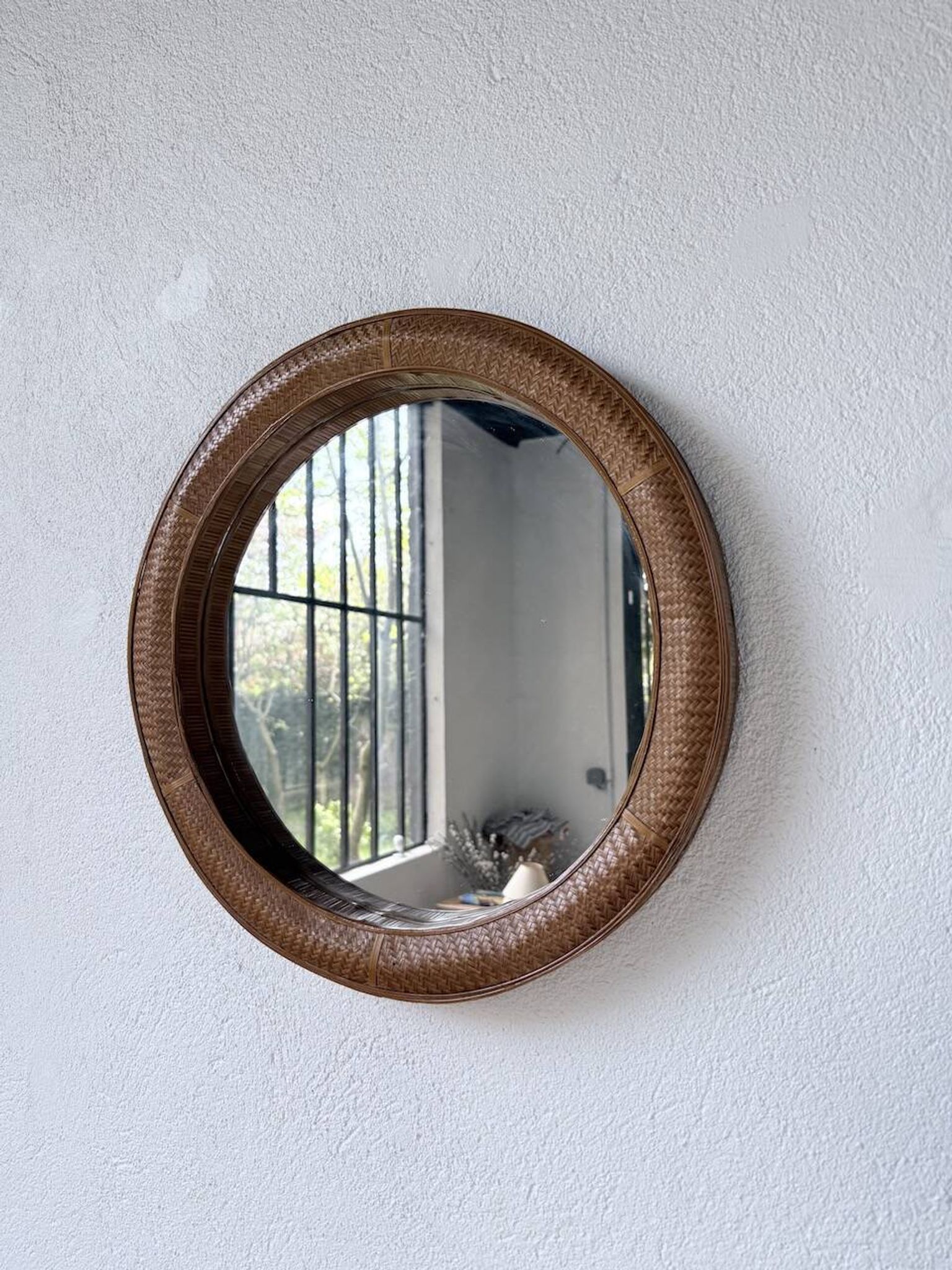 Woven wicker round mirror 1960