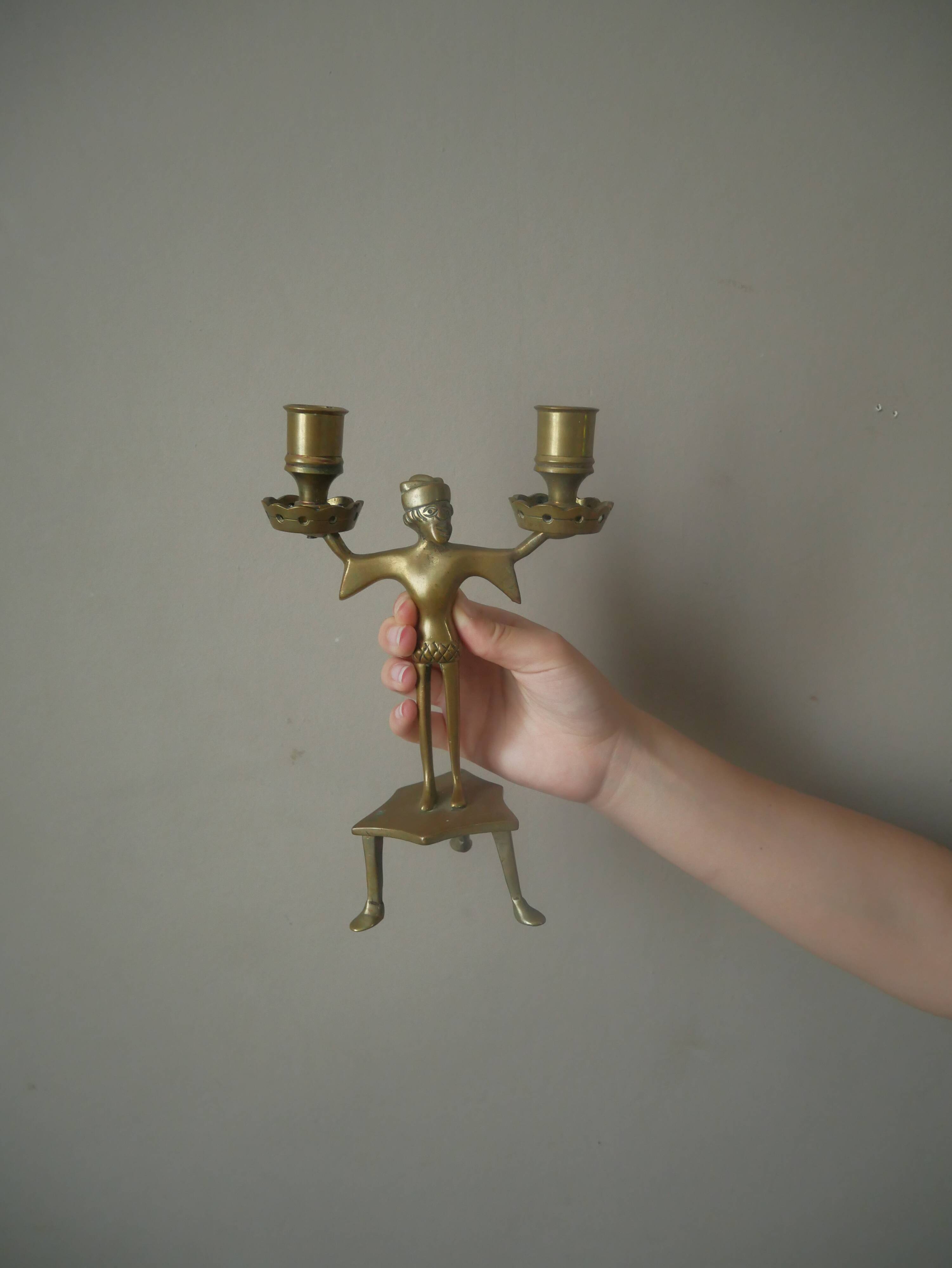 Pair of candlesticks candelabra candle holders brass African art man handcrafted ethnic decoration