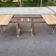 Rectangular Art Deco dining table with a central pedestal, stripped in solid oak.
