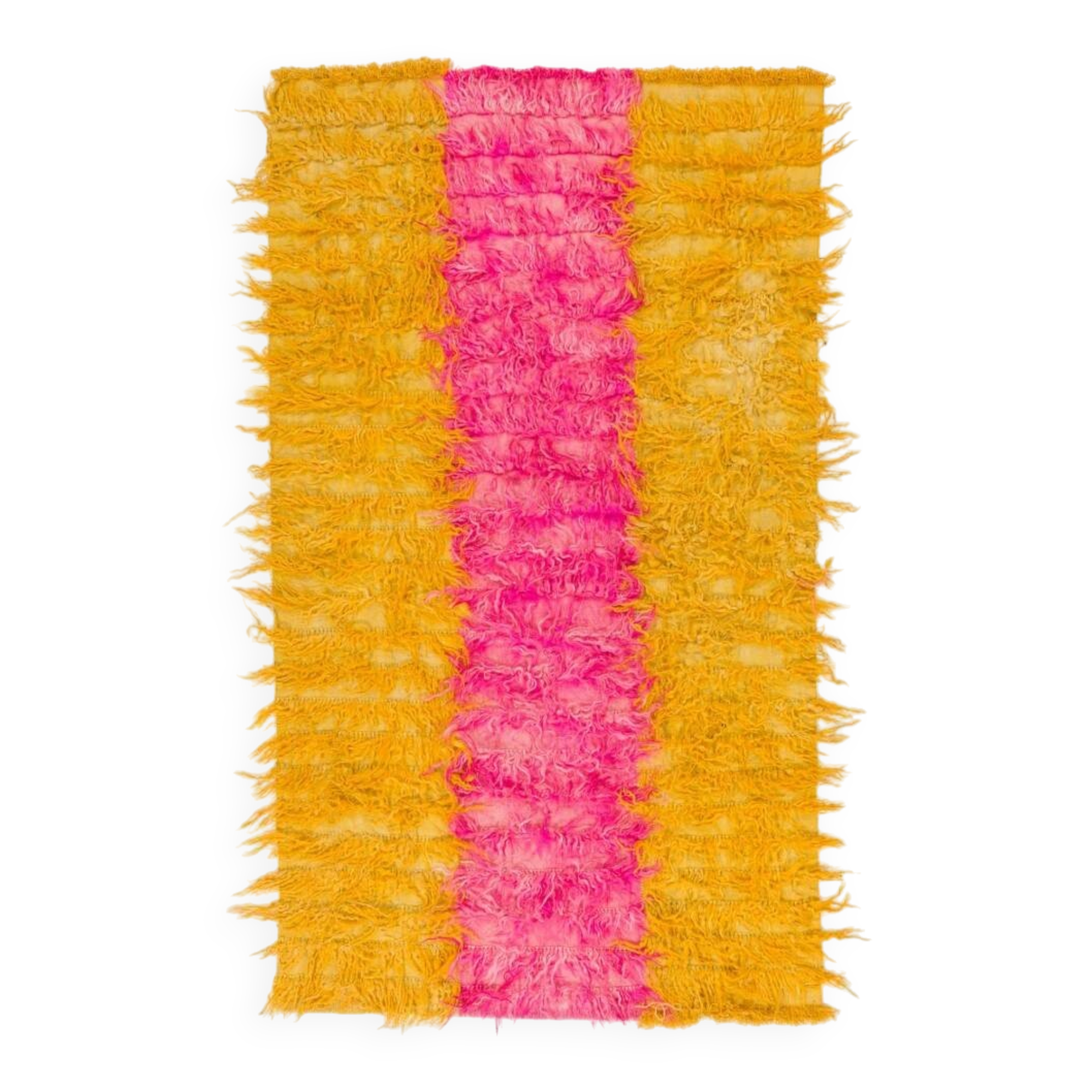 New Hand-Knotted Shag Pile Tulu Rug in Hot Pink and Yellow, 100% Mohair Wool
