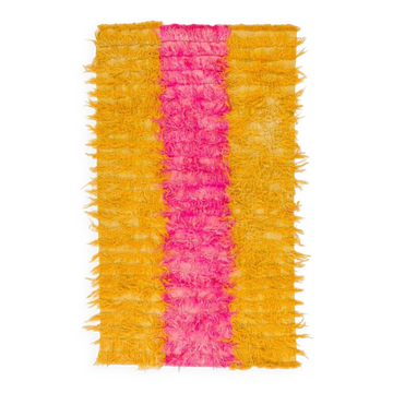 Nouveau tapis Tulu en shag tissé à la main en rose vif et jaune, 100 % laine mohair