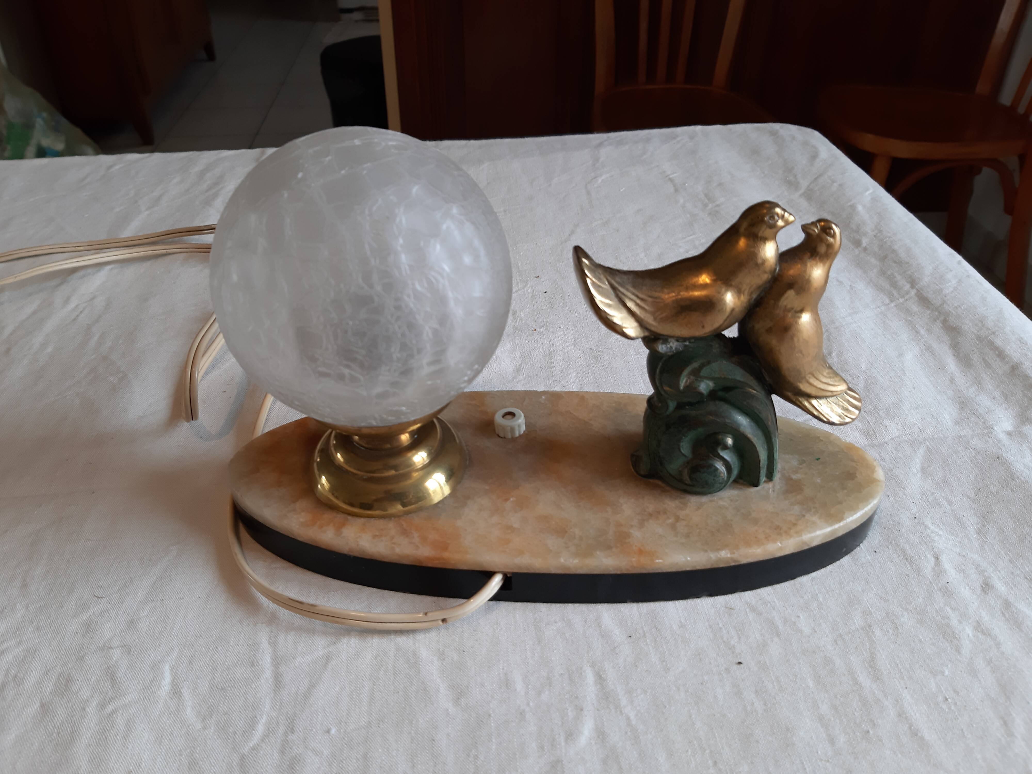 Lamp marble metal golden frosted glass 1940