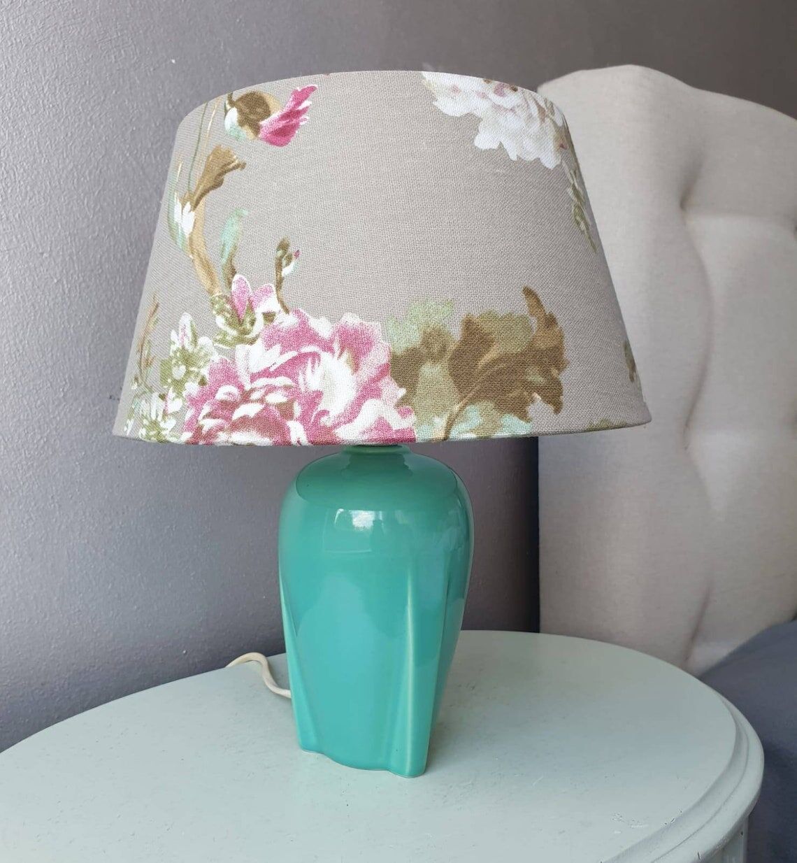 Vintage ceramic table lamp with 80s fabric lampshade