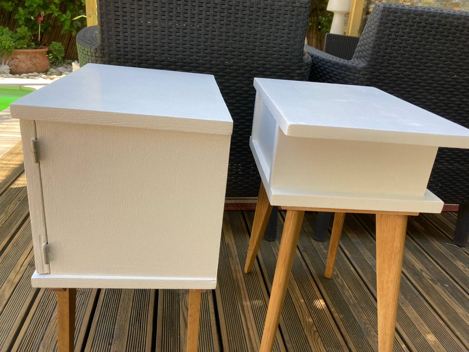 Pair of vintage oak compass leg bedside tables / duo white chic