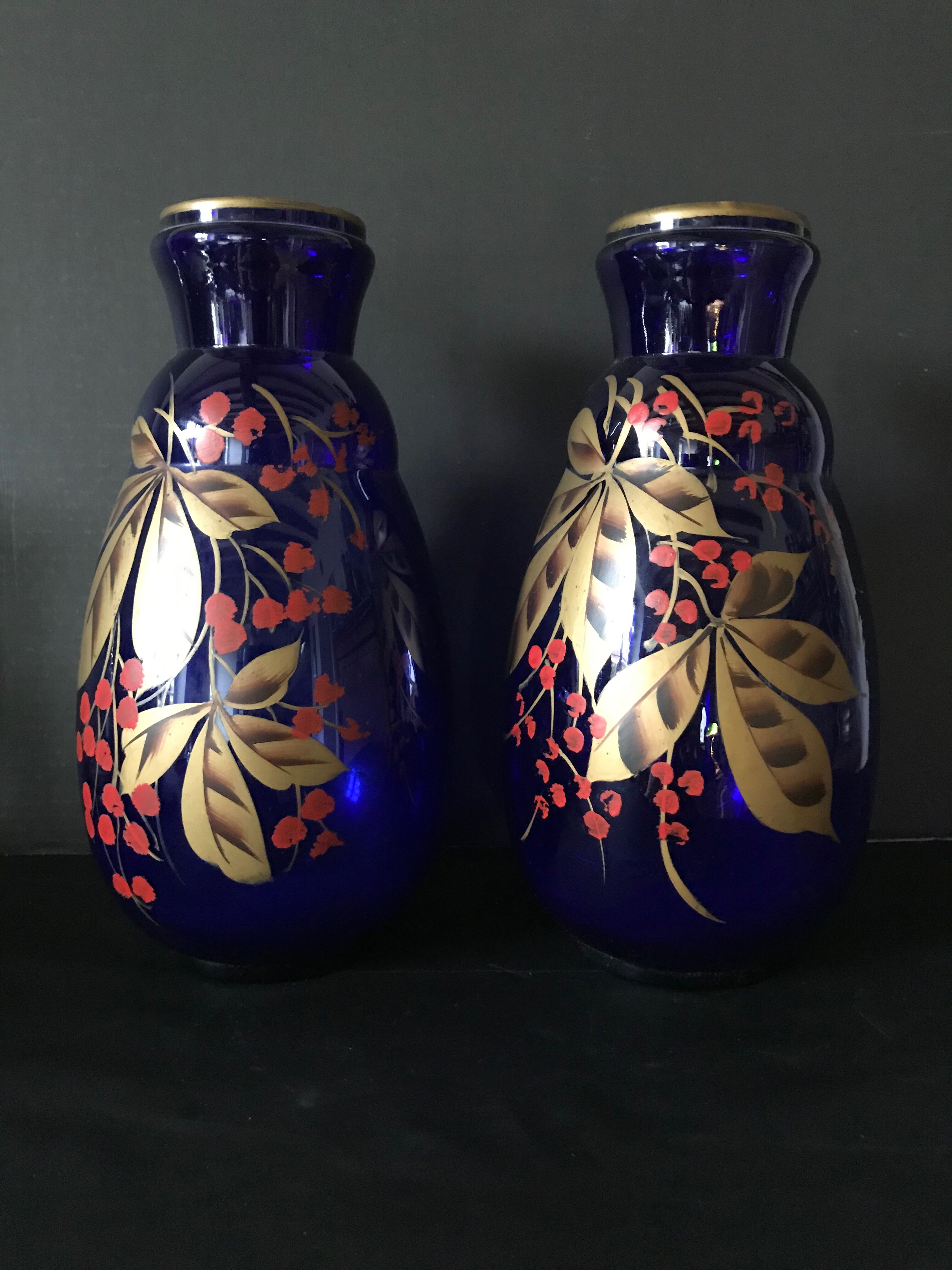 Pair of hand-painted cobalt blue glass vases