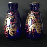 Pair of hand-painted cobalt blue glass vases