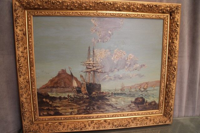 Large oil painting on canvas marine late 19th "the berthing of the sailboat"