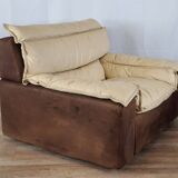 Fauteuil avec pouf en cuir et daim